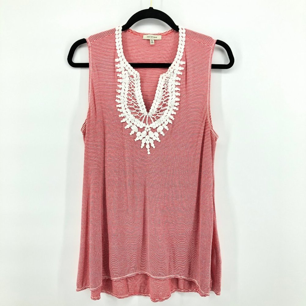 MAX STUDIO Sleeveless Split Neck Red Stripe Top